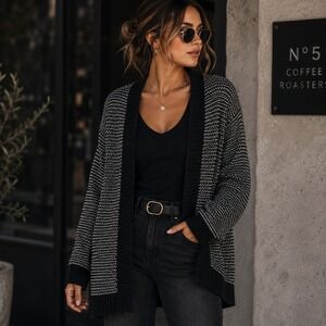 Merona Black White Birds Eye Knit Open Front Cardigan Sweater Womens XXL